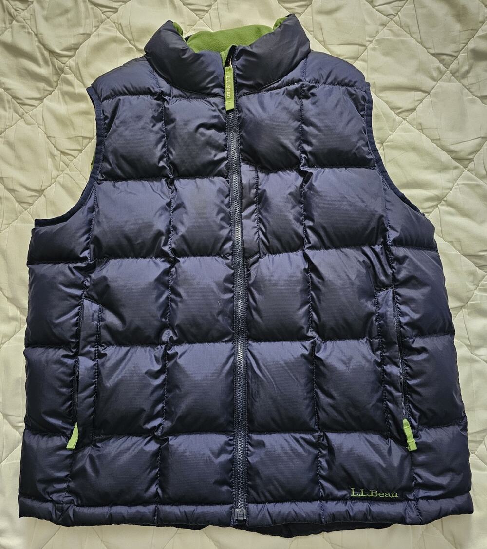 LL Bean Youth L 14-16 Goose Down Puffer Vest Navy Blue Lime Green 0HMN9 Quilted